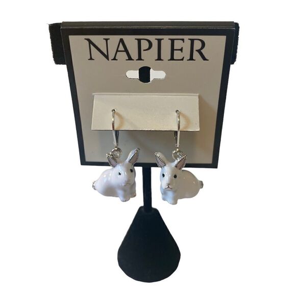 Napier White & Silver Bunny Drop Earrings w/ Pave Crystal Tail. Adorable! - Picture 1 of 6